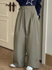 DAZY Solid Color Loose Asymmetric Tie Waist Wide Leg Pockets Women Pants - Grey - View 7