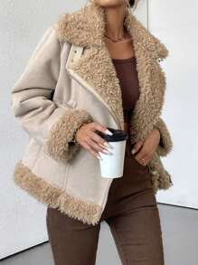 EMERY ROSE Winter New Fluffy Lined Short Jacket For Women, Thick Fleece Motorcycle Jacket, Fashionable & Versatile Fall Cloth For Women - Apricot - View 4