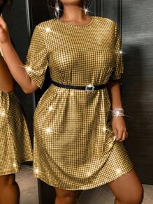 Allurite Vestido corto de mujer de talla grande en estilo casual suelto con acabado metálico personalizado, en estilo rock, cómodo y elegante para el día a día, perfecto para primavera/verano/otoño y fiestas de Año Nuevo.