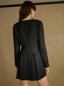 MOTF STUDIO VESTIDO CORTO CON DETALLE DE SOLAPA EN EL CUELLO, PLIEGUES PLEGADOS Y BORDE PLEGADO EN TWEED SÓLIDO - Negro - Ver 7