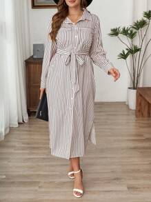 SHEIN LUNE 加大码条纹纽扣衬衫裙，秋季休闲装，办公室装扮节日装扮节日派对礼服加大码 - 黑與白 - 查看 9