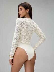 Almamuse 1 pièce Body femme élégant à contraste de dentelle avec col rond et manches longues