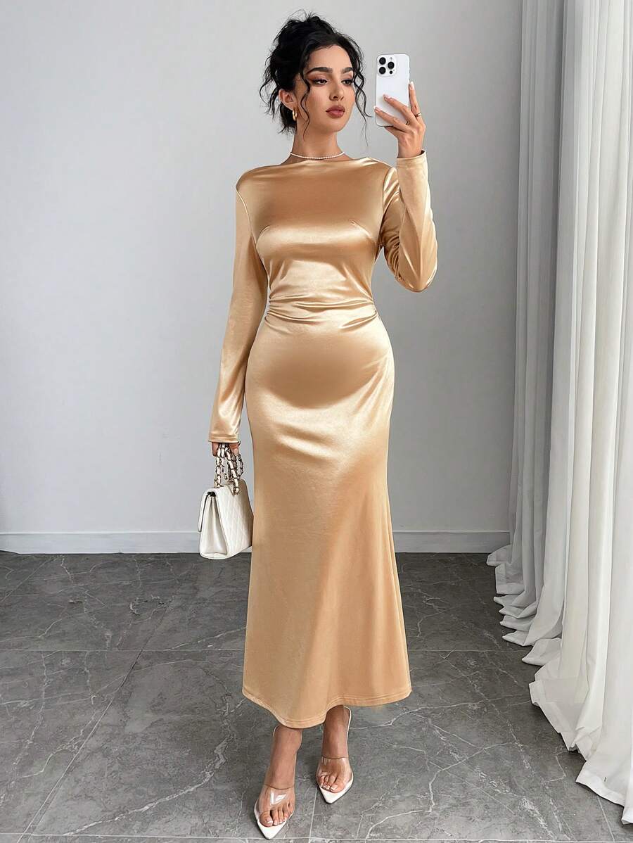 Chiquease 女士连衣裙，优雅派对，香槟色，丝滑缎面面料，垂坠领口，长袖，美人鱼下摆 - 香檳色 - 查看 1