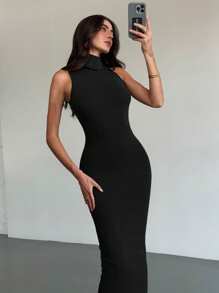 Aloruh 极简主义通勤年轻街头装灰色高领高领无袖修身 H 型超长女士毛衣连衣裙 - 黑色 - 查看 8