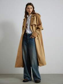 Aveloria Modichic Commuting Versatile British Style Matching Color Khaki Canvas Belt Design Hooded Classic Extra Long Knee Length Trench Coat  - Multicolor - View 4
