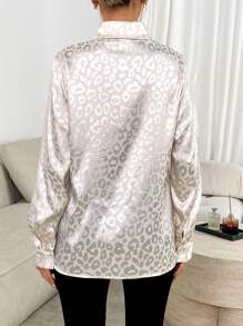 Chiquease Women Leopard Print Jacquard Splice Ruffled Hem Loose Shirt, Elegant Design, Autumn - Apricot - View 2