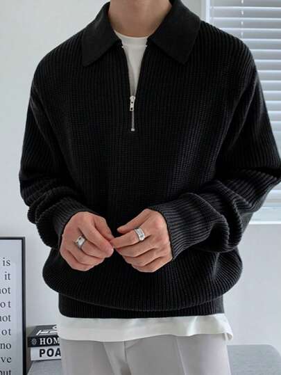 Claim Dot Pull à col chemise, manches longues, tricoté, couleur unie, demi-zip, décontracté, pour homme grande taille. Couleur : noir. Idéal pour les sorties. Tricot pour homme, automne/hiver