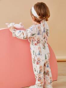 SHEIN Baby Girl Ruched Floral All-Over Print Long Sleeve Jumpsuit - Brown - View 2