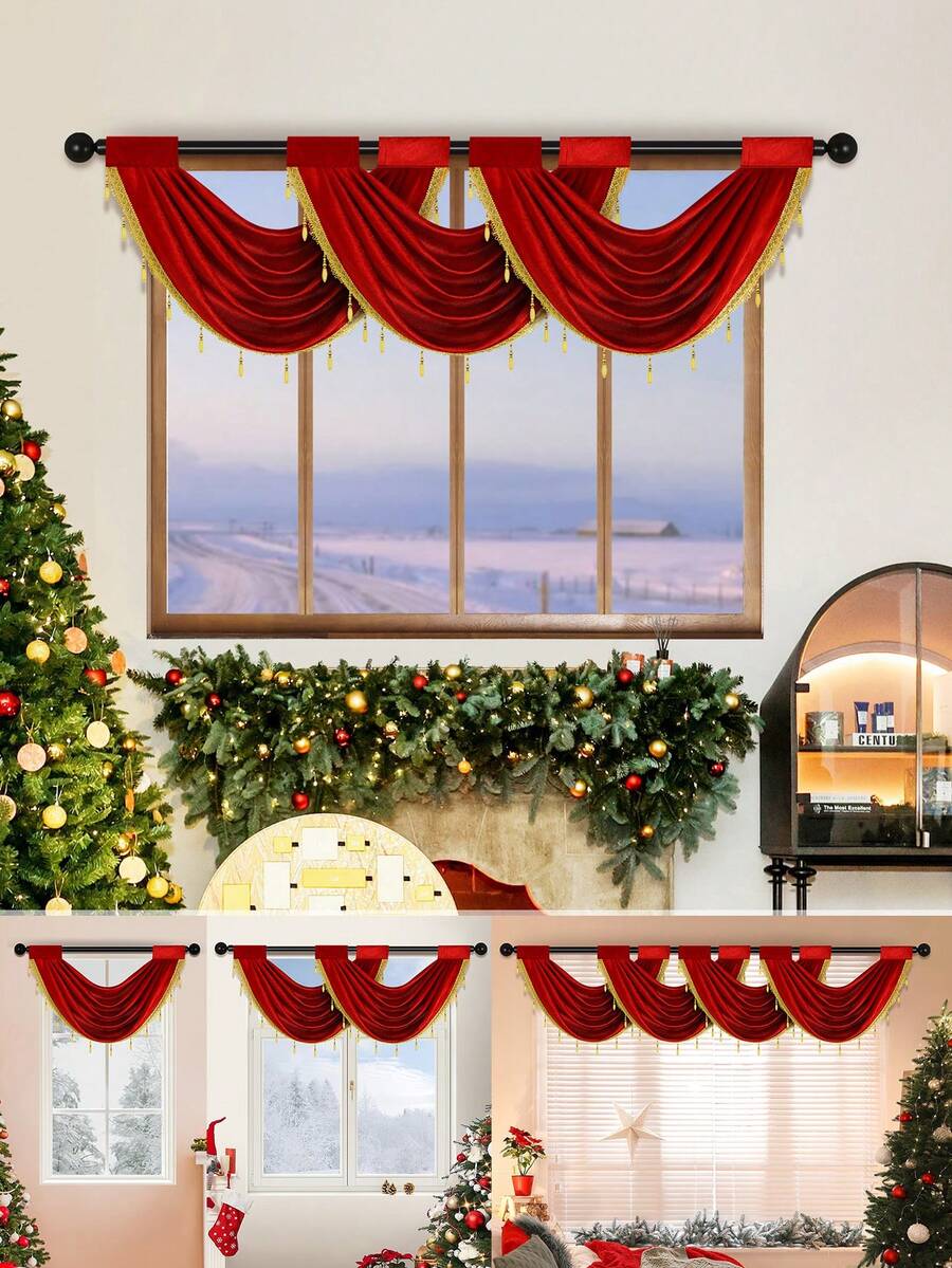 1 tấm rèm khoét rỗng thanh lịch, rèm cửa phong cách Châu Âu tối giản hiện đại, thích hợp cho các sự kiện, tiệc tùng, trang trí cửa sổ và cửa phòng khách và phòng ngủ, cho ngày lễ - Màu Đỏ Sâu - Xem 1