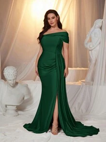 Glamrae 加大码不对称蝴蝶结露肩高开衩超长弹力面料万圣节活动优雅舞会礼服、婚礼宾客礼服、派对礼服、晚礼服、长袍