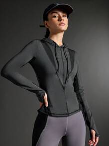 SHEIN Sports Women Contrast Color Long Sleeve Zipper Placket Drawstring Hooded Sweatshirt - Dark Grey - View 1
