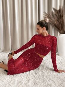 SHEIN Clasi 2 chiếc lưới thời trang đính đá trang trí cho nữ kết hợp thường ngày, thích hợp để đi chơi vào mùa thu/đông - Màu Đỏ Sâu - Xem 6