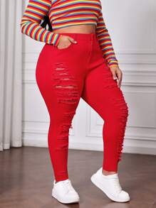SHEIN CURVE+ Women's Plus Size Red Denim Stretch Ripped Trousers Christmas Red Jeans Slimming Pants High Elasticity, Fall Women Clothes - Red - View 5