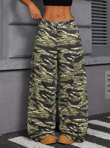 SHEIN ICON Jeans anchos de bolsillo de carga con estampado camuflado para mujeres, de estilo casual, Y2K, streetwear - Multicolor - Ver 3