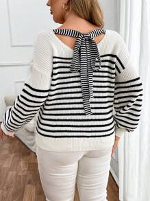SHEIN Clasi Women Fashion Casual Striped Back Ribbon Detail Pullover Sweater