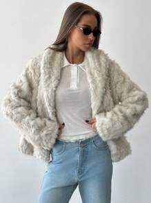 Aloruh Minimalist Commuter Notched Collar Long Sleeve Short Fit Textured Faux Fur Jacket, Autumn/Winter - Apricot - View 3