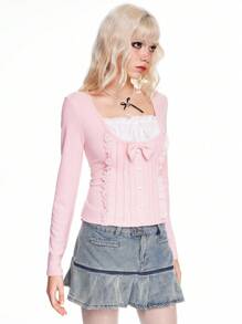 ROMWE Kawaii Áo thun tay dài 2 trong 1 trang trí nơ dễ thương Himekaji cho nữ - Hồng - Xem 6