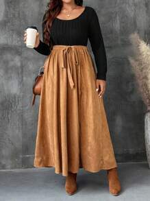 SHEIN VCAY Plus Size Women Casual Crew Neck 2 In 1 High Slit Belted Dress, Spring/Autumn Vacation Outfits Woman Winter Clothes Western Woman Attire New Year Eve Dress Boho Women Clothing Women Winter Clothes Knit Dress Going Out Outfits Casual Dresses Basic Dress Long Sleeve - Multicolor - View 7