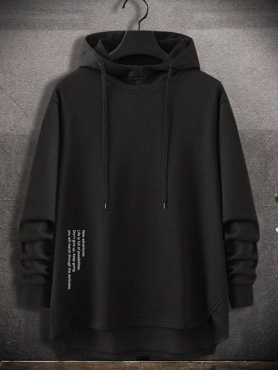 Manfinity Homme 加大码男士标语印花长袖抽绳连帽运动衫，秋季工作基本款黑色连帽衫，适合朋友、丈夫、男朋友的礼物，男士黑色连帽衫，男士套头连帽衫，男士连帽衫，黑色连帽衫，连帽衫 - 黑色 - 查看 1