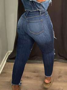 大码女式破洞休闲修身紧身牛仔裤