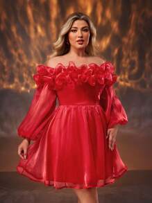 SHEIN Belle Elegant Bright Red Organza Ruffle Trim Off Shoulder Formal Dress, Plus Size, For Gala