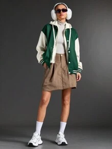 SHEIN 拼色前扣连帽口袋长袖运动夹克 - 綠色 - 查看 3