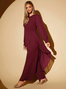 SHEIN Clasi 2pcs/Set Women Elegant Round Neck Asymmetric Lantern Sleeve & Wide Leg Pants Women Clothes Set