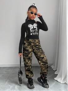 Slaydiva Conjunto de top de cuello redondo de punto de manga larga casual y pantalones jogger de camuflaje para niñas preadolescentes en Navidad