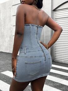 SHEIN Slayr 1pc Women's Graphic Print Pocket Bodycon Denim Strapless Mini Dress - Blue - View 2