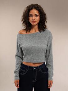 Forever 21 Áo thun dài tay hở vai đơn giản cho nữ - Màu Xám nhạt - Xem 6