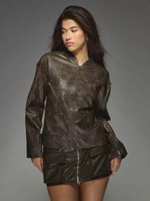 MISSGUIDED 优质做旧皮革机车夹克拉链前秋冬外套双拉链口袋军装作战风格 - 摩卡棕 - 查看 3