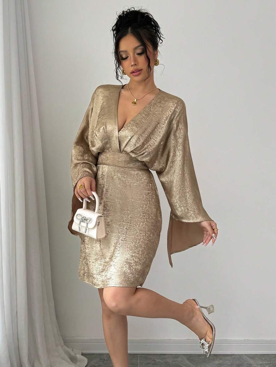 Selianne 1 chiếc váy ngắn cổ chữ V tay lỡ thanh lịch cho tiệc tùng/đi làm/dạo phố dành cho nữ, trang phục dự tiệc ngày lễ năm mới - Vàng - Xem 1