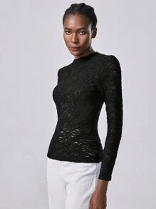 Chiquease 1 件女式纹理褶皱长袖 T 恤，黑色，针织纹理褶皱，常规版型，休闲通勤装 - 黑色 - 查看 5