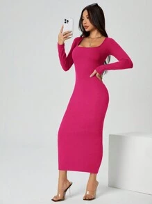 SHEIN PETITE Herbstkleid einfarbiges Kleid mit quadratischem Ausschnitt und langem, enger Ärmel in Schwarz - Heißes Pink - Übersicht 5
