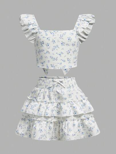 SHEIN Girlism Tween 女童复古蓝色花朵盖袖蝴蝶结衬衫和层叠荷叶边下摆 A 字裙套装