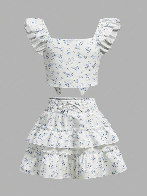 SHEIN Girlism Conjunto de blusa de manga corta con lazo y estampado floral retro azul, y falda línea A con volantes en el bajo para niña preadolescente