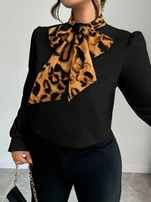 Elenzga Plus Size Herfst Vrouwen Elegante Luipaard Print Splice Kraag Strik Blouse