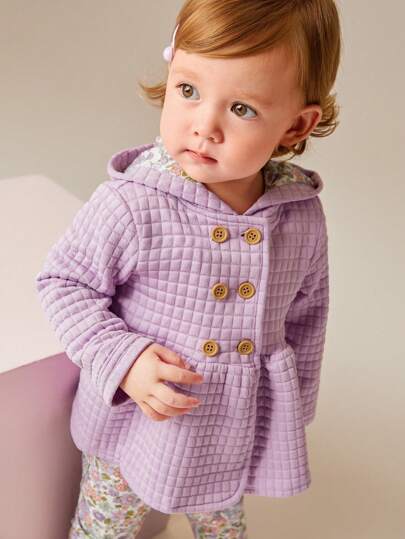 SHEIN 3 件套女婴纯色双排扣连帽夹克和碎花拼布连体裤套装，适合秋冬季