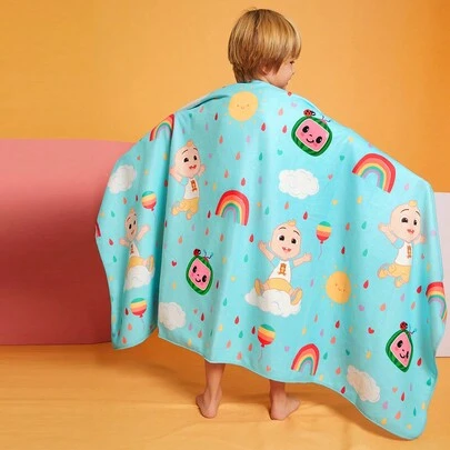 CoComelon X SHEIN Khăn tắm họa tiết cầu vồng & hình hoạt hình màu xanh, dùng để trang trí phòng tắm gia đình vào mùa hè