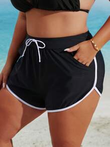 Bas de bikini minimaliste décontracté avec poche et liens contrastés en tailles plus, pour l'été