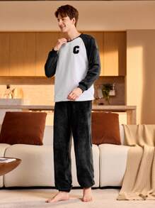 Pantalones de estar por casa de hombre de unicolor con cintura elástica de felpa, para otoño e invierno, esponjosos