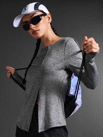 SHEIN Sports 女士纯色圆领长袖侧开衩下摆运动 T 恤