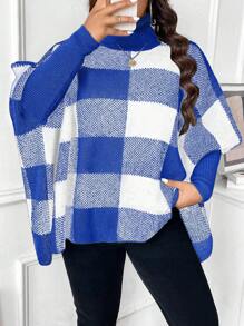 SHEIN Unity Plus Size Plaid High Neck Asymmetric Hem Casual Pullover Sweater, For Winter Knit Pullover Fall - Blue - View 3