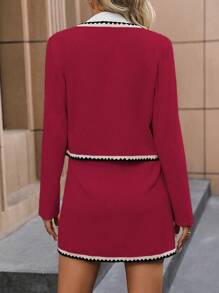 SHEIN Clasi Conjunto de chaqueta de manga larga y minifalda con cinta de contraste y botones de metal con perlas, ropa de otoño para Año Nuevo