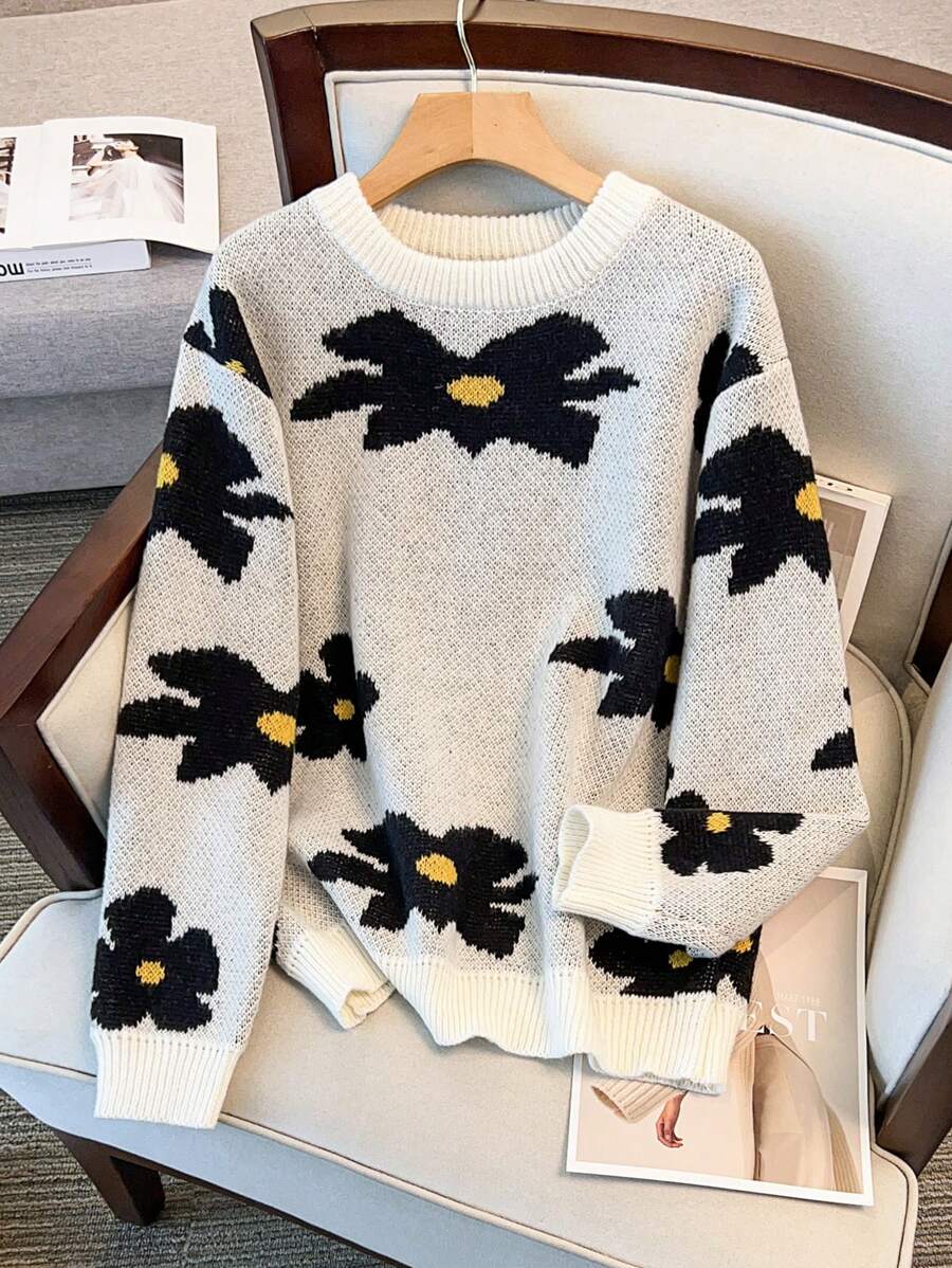 SHEIN LUNE 大码女式碎花针织毛衣，宽松版型，适合秋冬季穿着 - 白色 - 查看 1