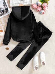 Set da 2 pezzi per ragazze pre-adolescenti, composto da felpa con cappuccio e pantaloni in colore unito, stile casual