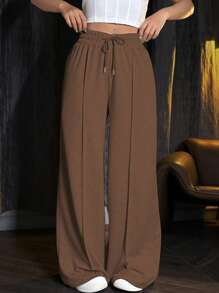 SHEIN Unity Solid Color Drawstring Waist Sweatpants Graduation,Back To School Outfits,Graduation,Teacher Outfits For Women,Back To School Fall Cloth For Women - Coffee Brown - View 3