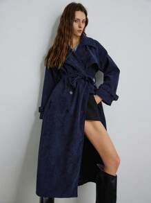 Aveloria Modichic Classic Style Casual Business Navy Blue Long Trench Coat For Women, Loose Fit Lapel Belted Long Sleeve Outerwear  - Navy Blue - View 5