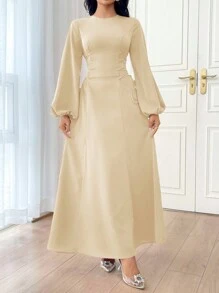 Modelyn 勃艮第红色女士纯色简约日常长袖连衣裙派对优雅晚会长袖长裙长款晚礼服 - 米色 - 查看 3