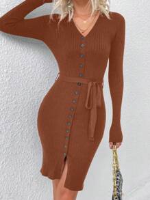 SHEIN Clasi Women's Solid Color Front Button Long Sleeve Simple Casual Sweater Dress
